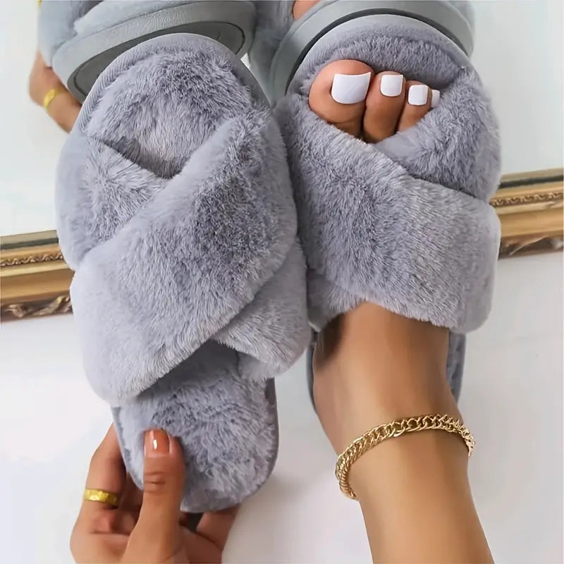 Criss Cross Fluffy Flat Open Toe Home Slides