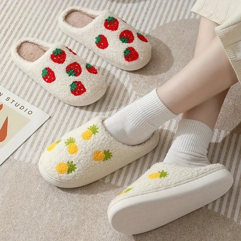 Fruit Print Closed Toe Plush Warm Home Slippers Shoes