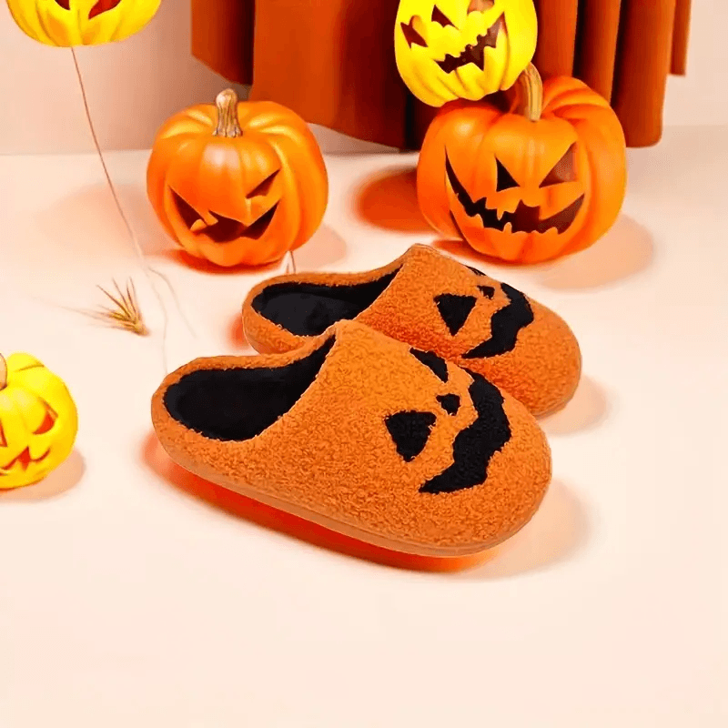 Halloween Pumpkin Casual Slip On Plush Lined Slippers Shoes