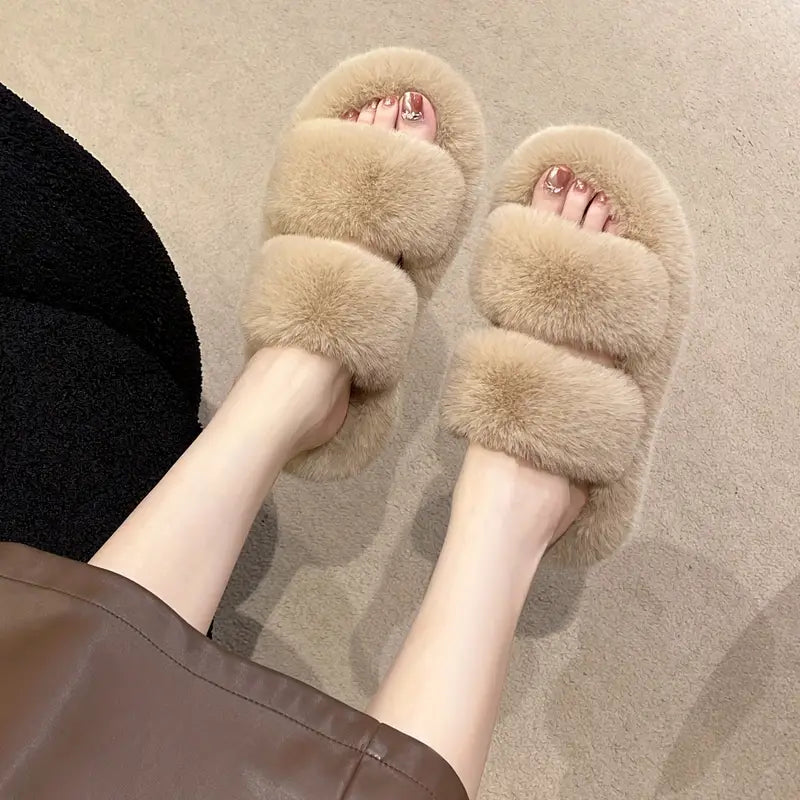 Fluffy Furry Solid Color Two Bands Open Toe Slippers