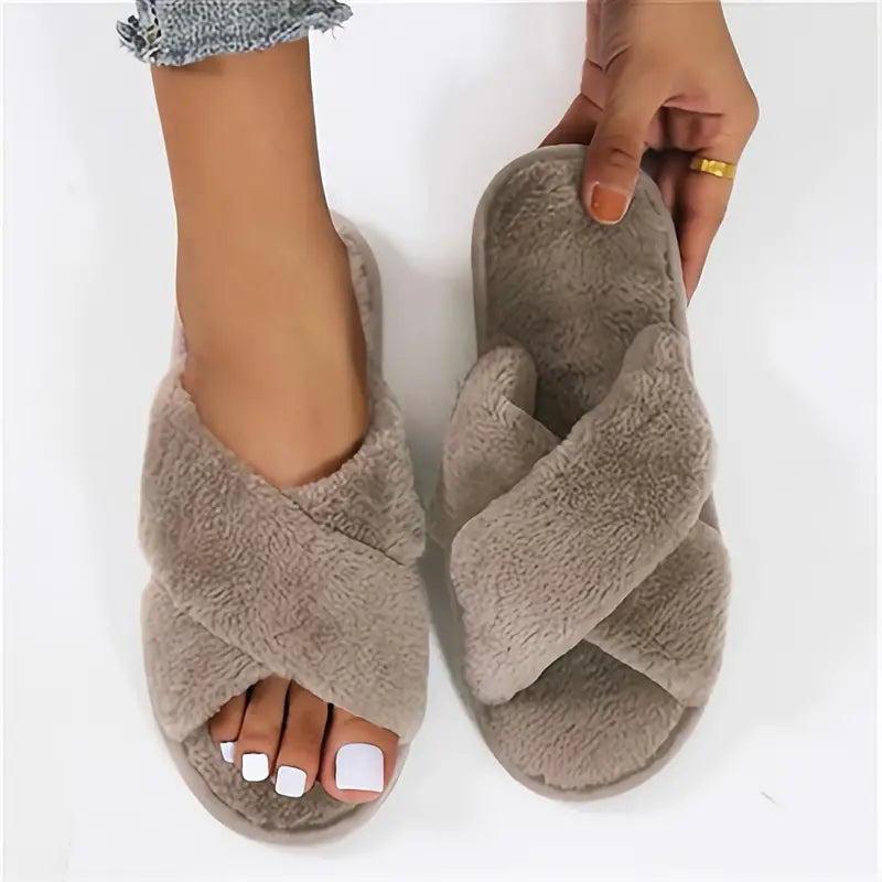 Solid Color Open Toe Cozy Fuzzy Slippers