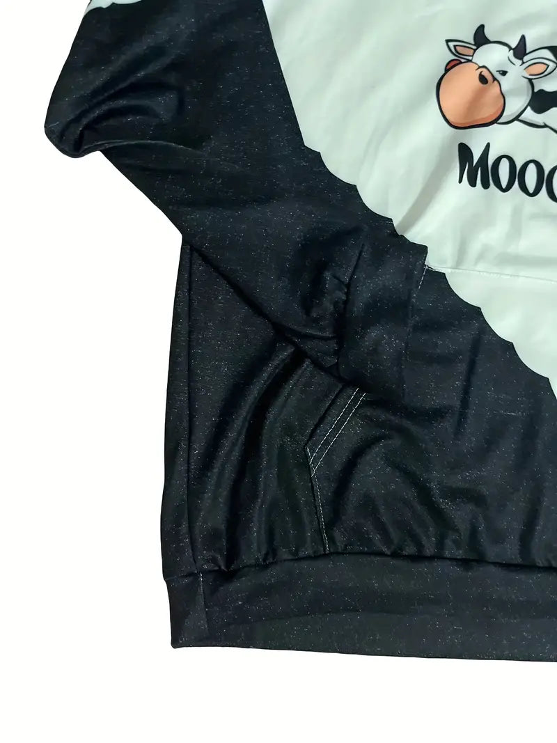 Plus Size Cow & Letter Print Long Sleeve Hoodie Sweatshirt