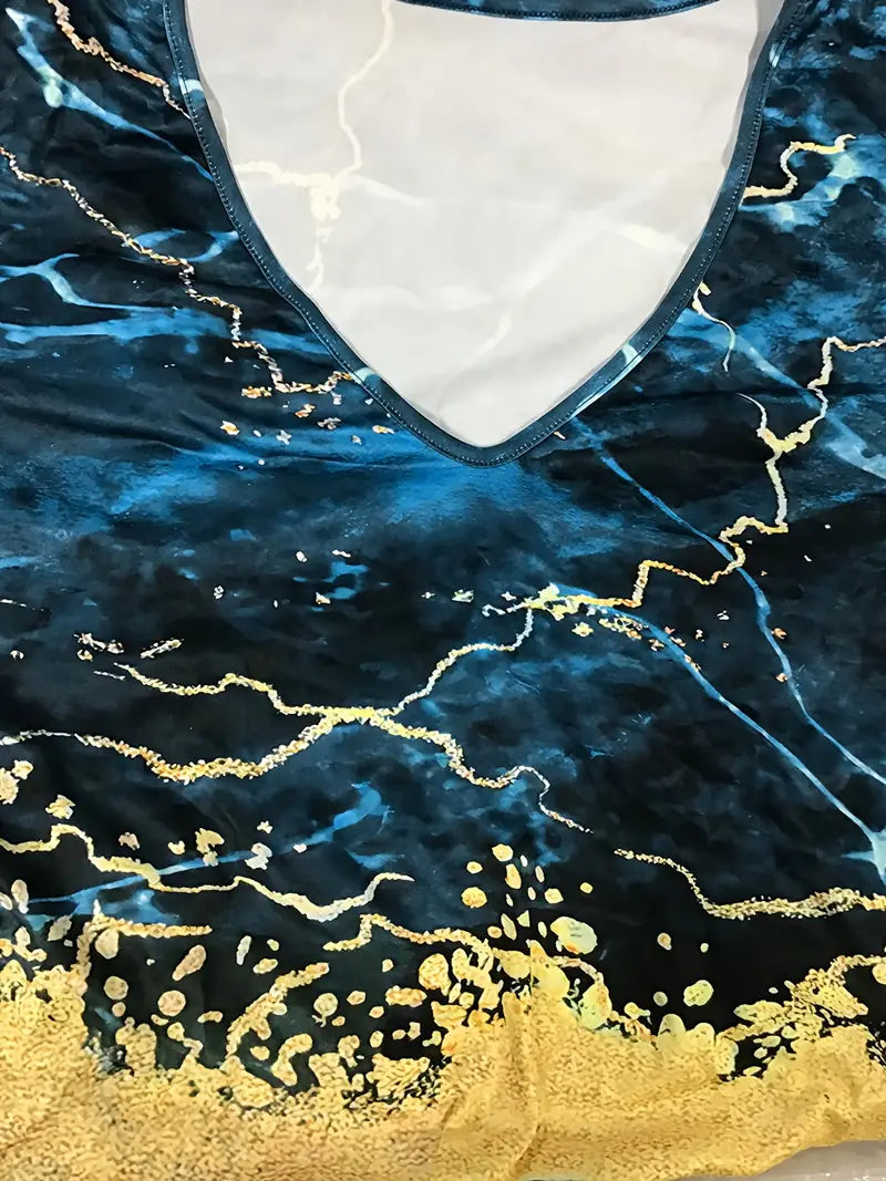 Plus Size Colorblock Marble Print Long Sleeve Top and Side Split Pants Outfits Set