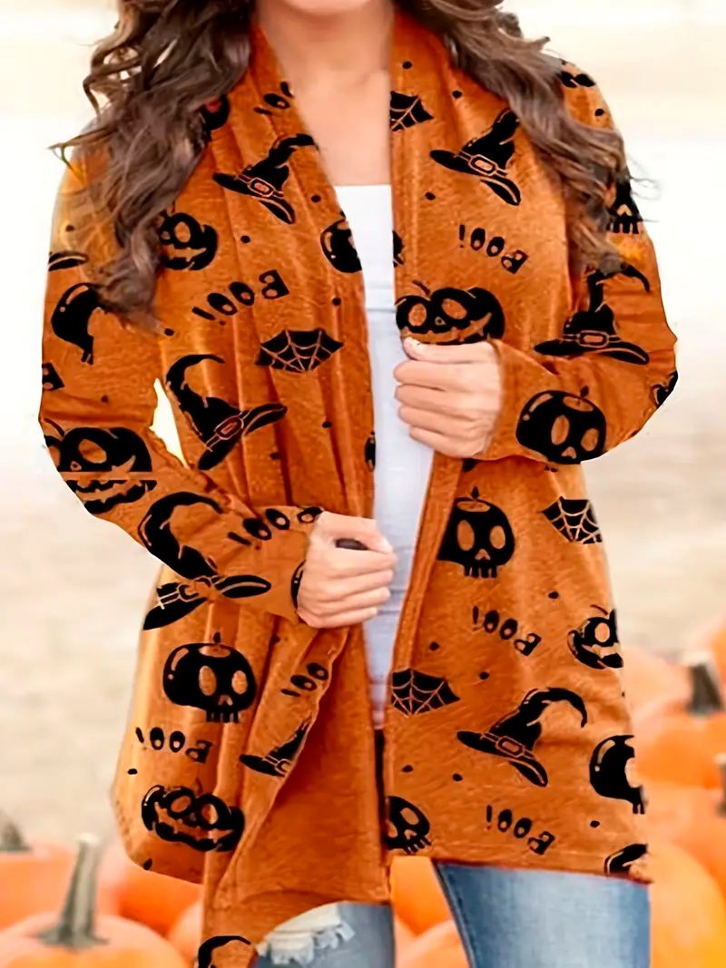 Halloween Plus Size Long Sleeve Open Front Cardigan