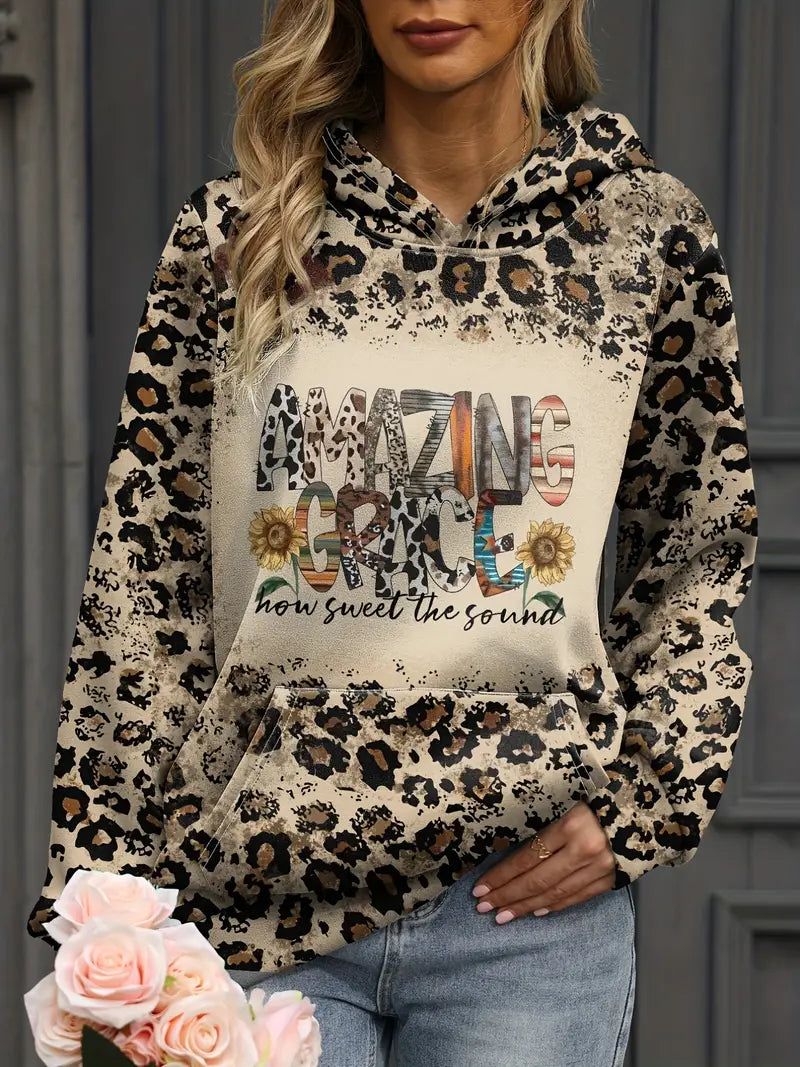Plus Size Leopard Print Long Sleeve Hooded Pullover