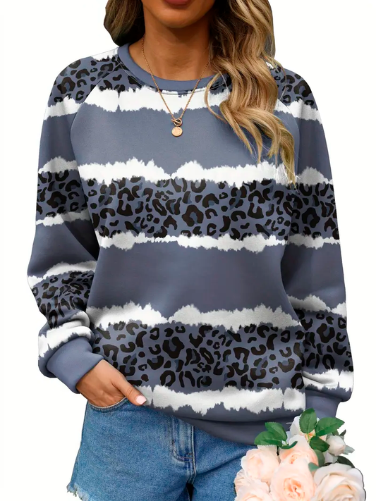 Plus Size Leopard Print Long Sleeve Round Neck Sweatshirt