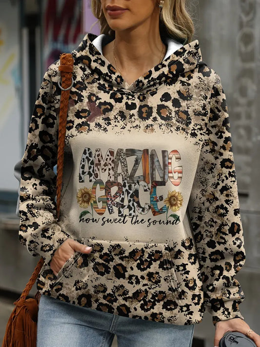 Plus Size Leopard Print Long Sleeve Hooded Pullover