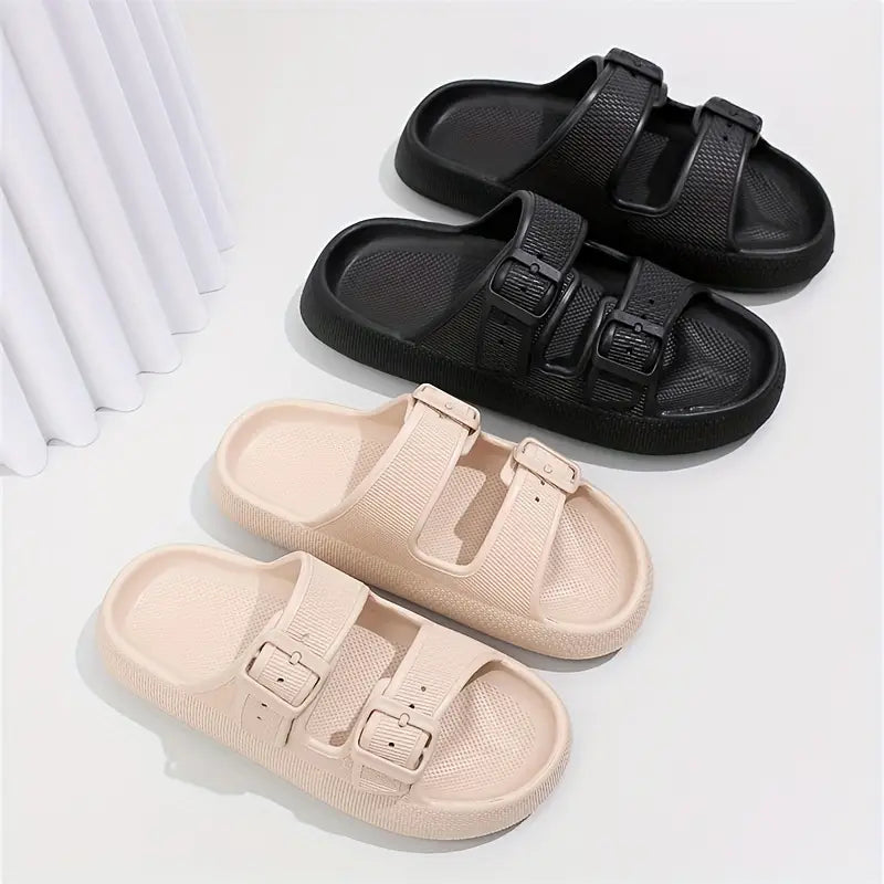 Double Buckle Strap And Open Toe Slippers Shoes