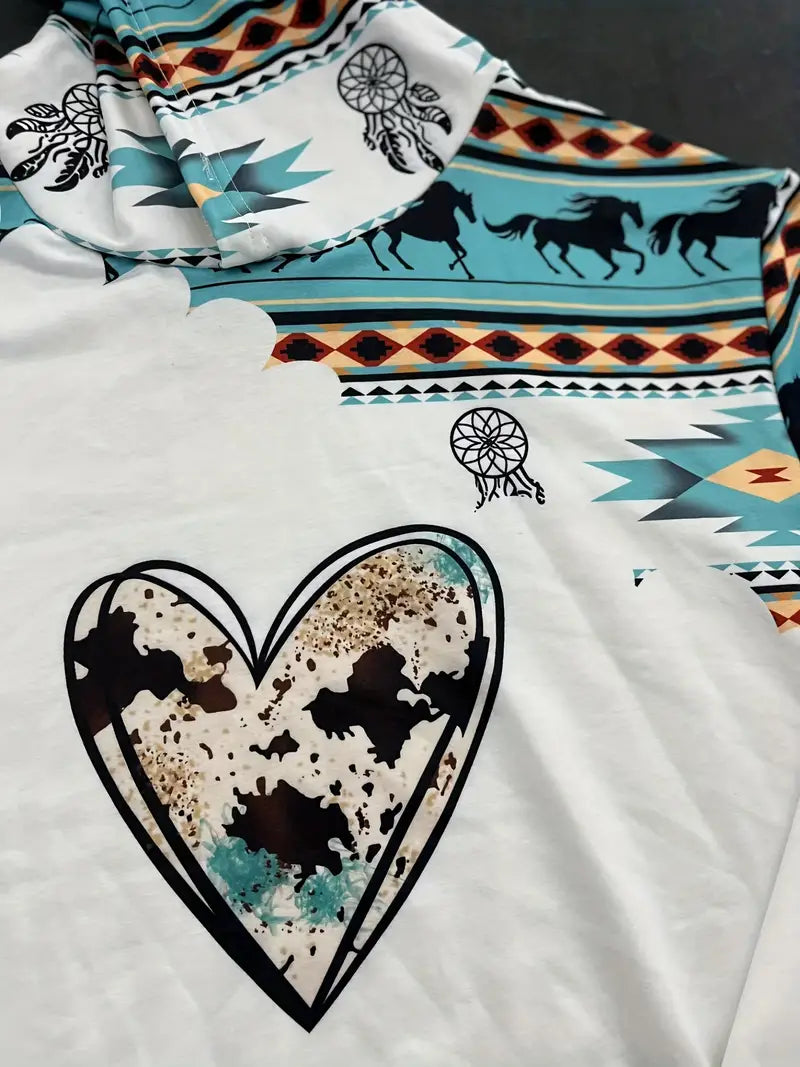 Plus Size Geometric Print & Drawstring Hoodie Sweatshirt