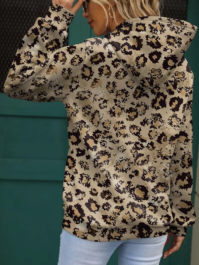 Plus Size Leopard Print Long Sleeve Hooded Pullover