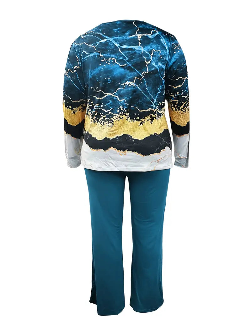 Plus Size Colorblock Marble Print Long Sleeve Top and Side Split Pants Outfits Set