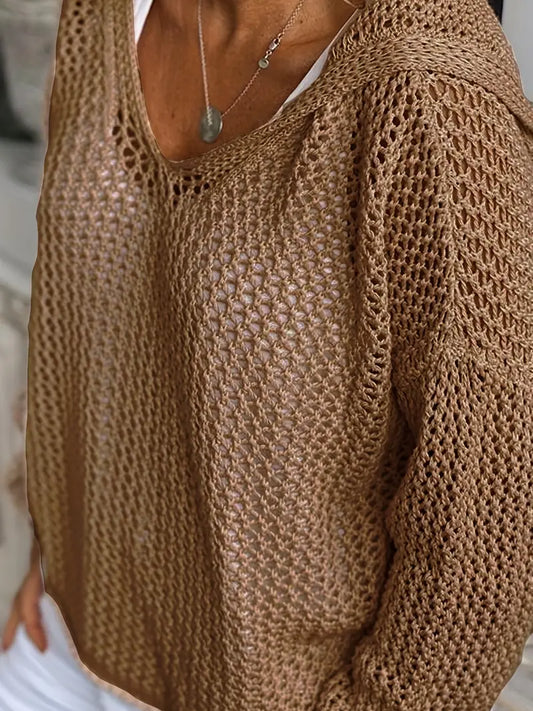 Plus Size Solid Long Sleeve Slight Stretch Casual Sweater