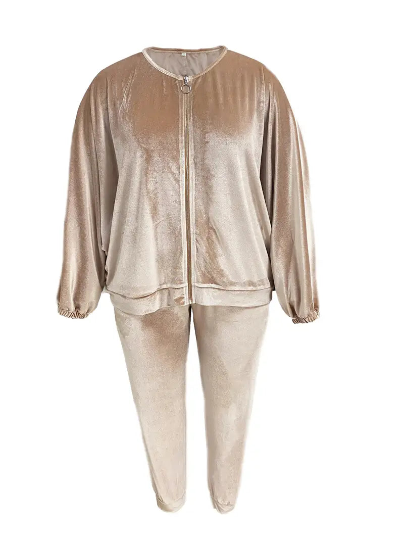 Plus Size Long Sleeve Round Neck Velvet Coat and Pocketed Pants Outfits Set