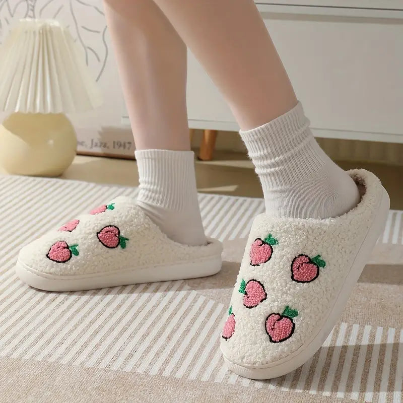 Fruit Print Closed Toe Plush Warm Home Slippers Shoes