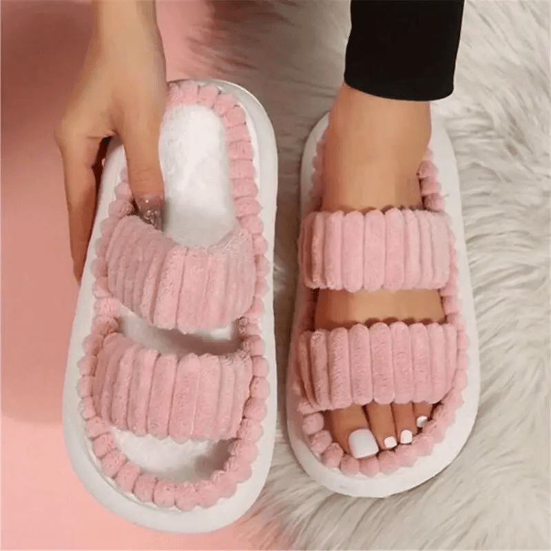 Stylish Double Straps Plush Slippers Open Toe Slides Shoes