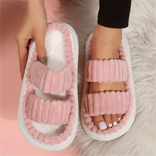 Stylish Double Straps Plush Slippers Open Toe Slides Shoes