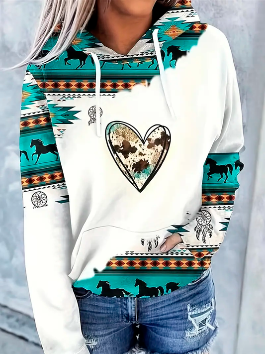 Plus Size Geometric Print & Drawstring Hoodie Sweatshirt