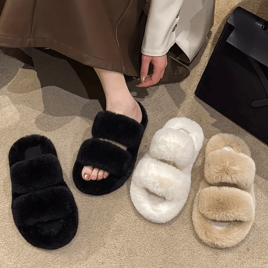 Fluffy Furry Solid Color Two Bands Open Toe Slippers