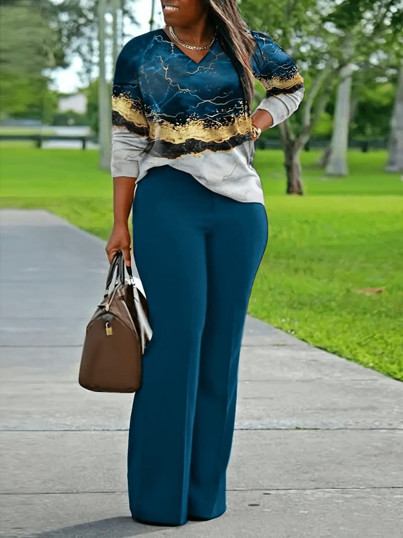 Plus Size Colorblock Marble Print Long Sleeve Top and Side Split Pants Outfits Set