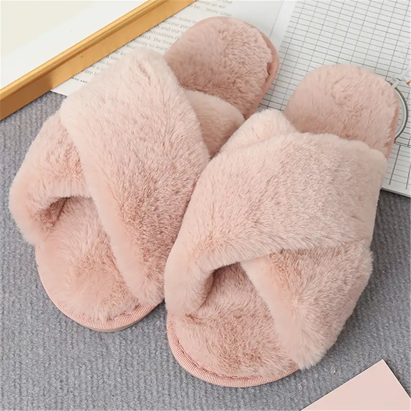Solid Color Open Toe Cozy Fuzzy Slippers