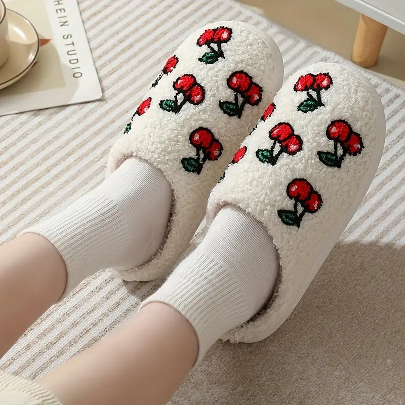 Fruit Print Closed Toe Plush Warm Home Slippers Shoes