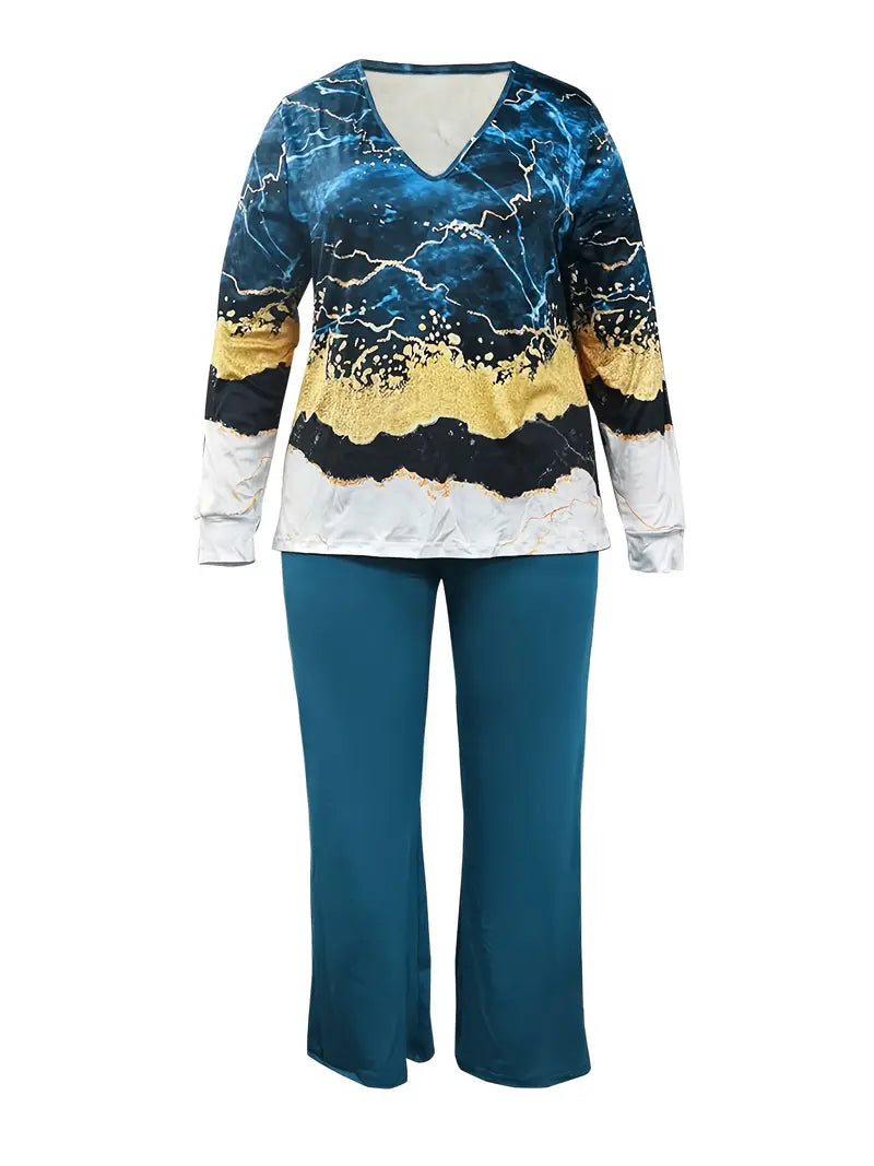 Plus Size Colorblock Marble Print Long Sleeve Top and Side Split Pants Outfits Set
