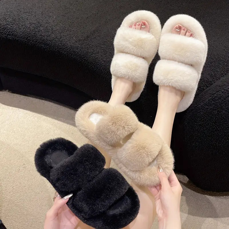 Fluffy Furry Solid Color Two Bands Open Toe Slippers