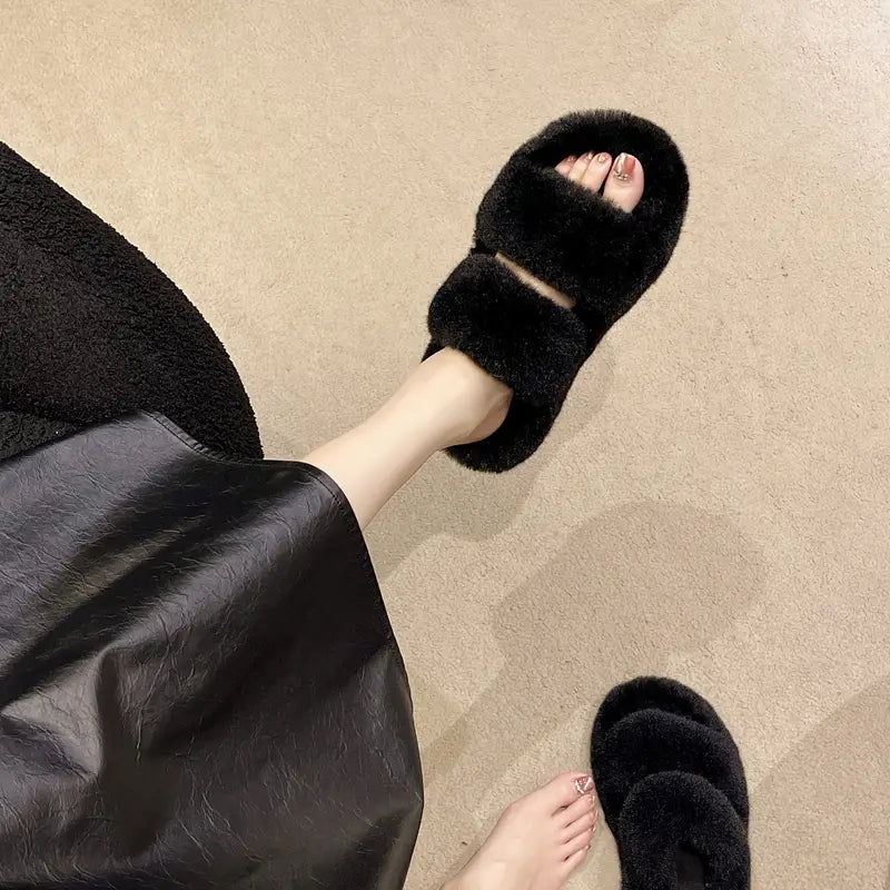 Fluffy Furry Solid Color Two Bands Open Toe Slippers