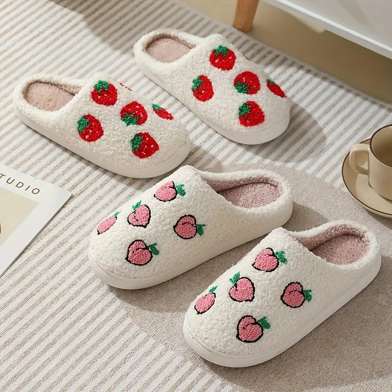 Fruit Print Closed Toe Plush Warm Home Slippers Shoes
