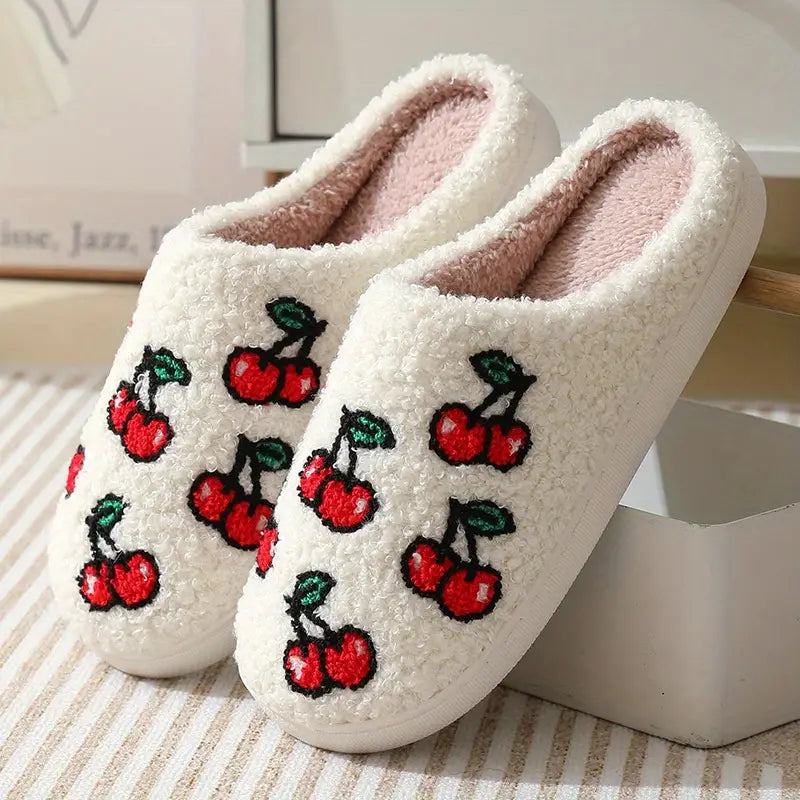 Fruit Print Closed Toe Plush Warm Home Slippers Shoes