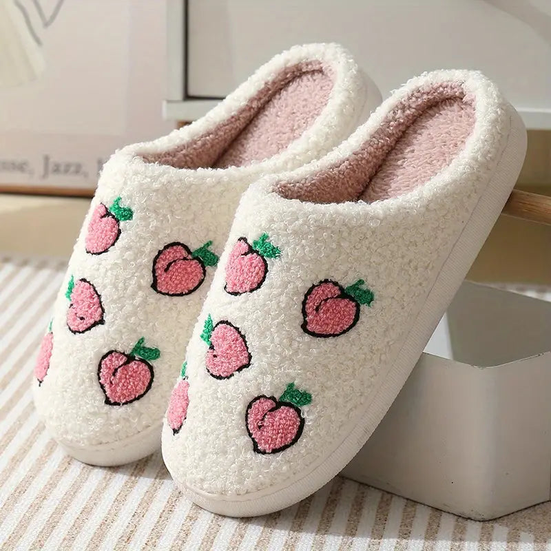 Fruit Print Closed Toe Plush Warm Home Slippers Shoes