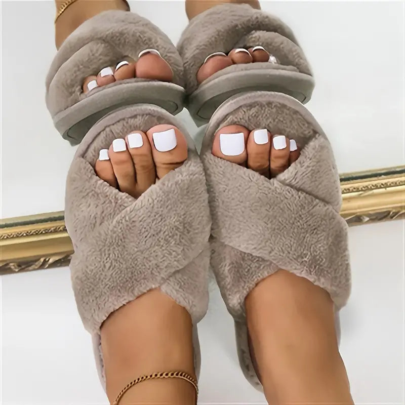 Solid Color Open Toe Cozy Fuzzy Slippers