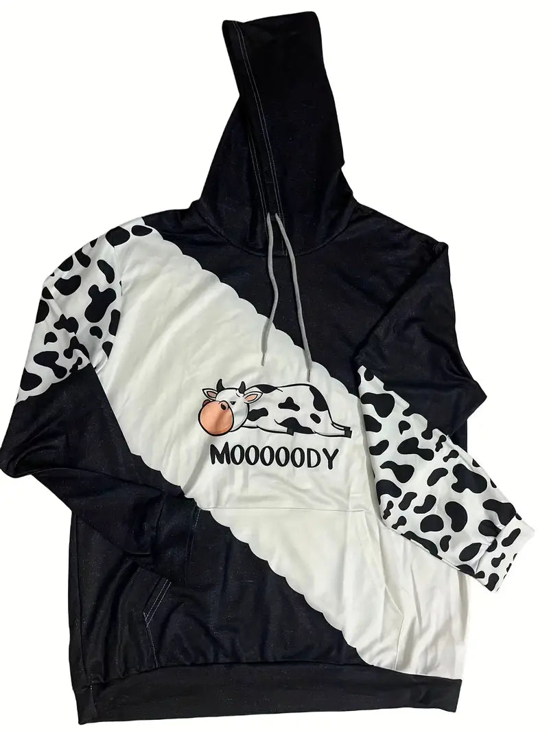 Plus Size Cow & Letter Print Long Sleeve Hoodie Sweatshirt
