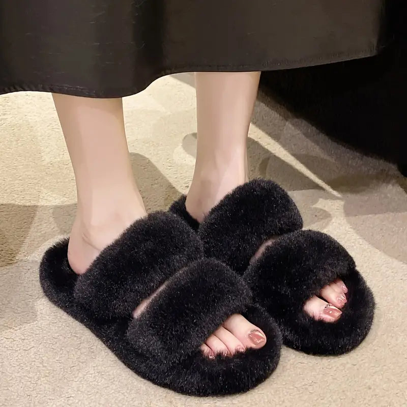 Fluffy Furry Solid Color Two Bands Open Toe Slippers