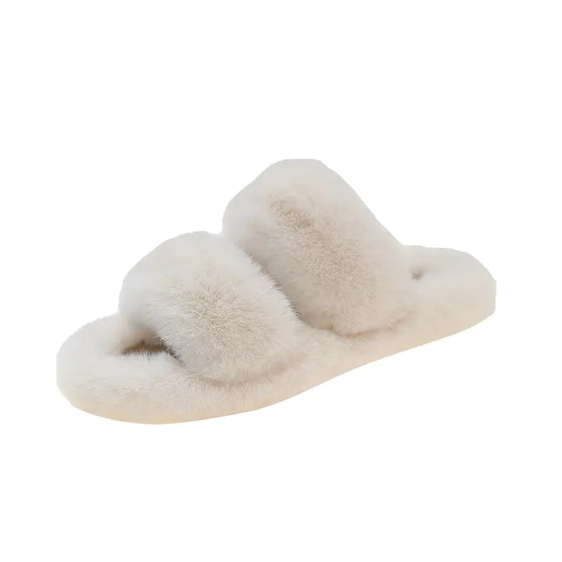 Fluffy Furry Solid Color Two Bands Open Toe Slippers