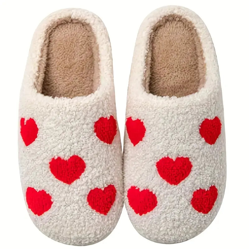 Slip On Round Toe Non-slip Fuzzy Heart Print Slippers