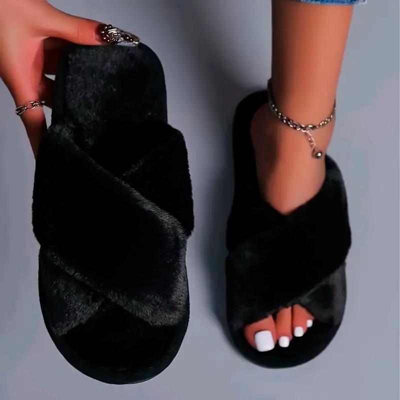 Criss Cross Fluffy Flat Open Toe Home Slides