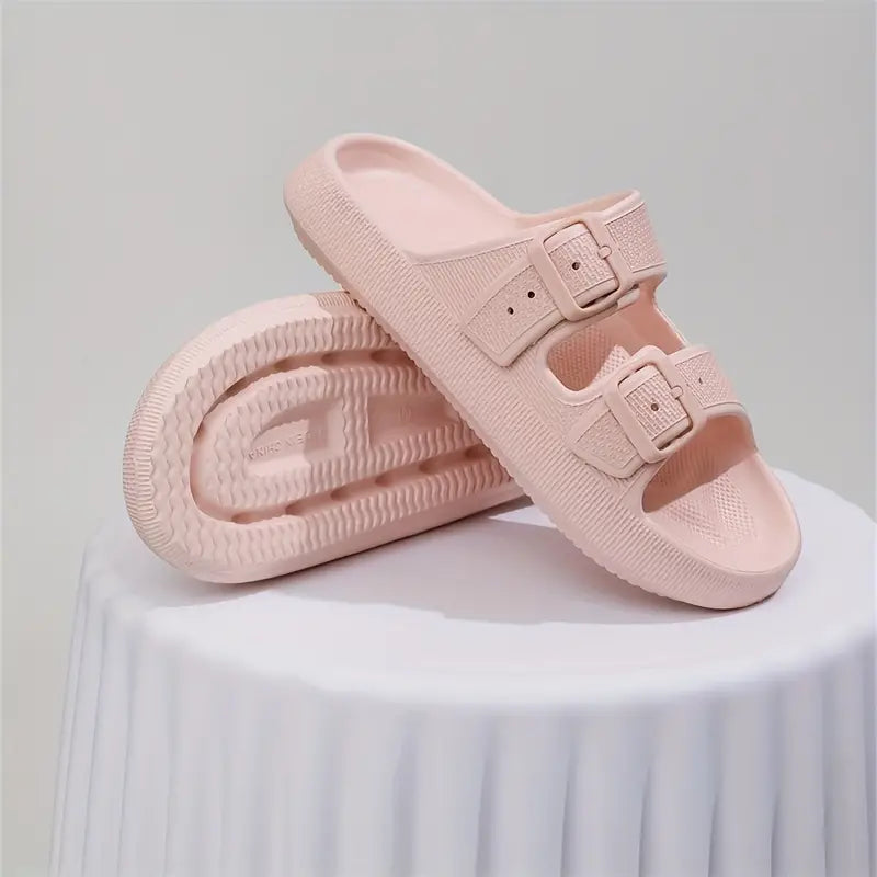 Double Buckle Strap And Open Toe Slippers Shoes