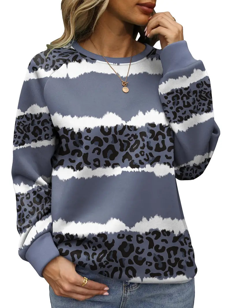 Plus Size Leopard Print Long Sleeve Round Neck Sweatshirt