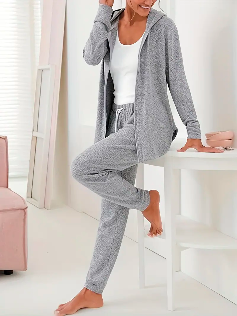 Plus Size Long Sleeve Hooded Zipper Coat and Pants Outfits Set