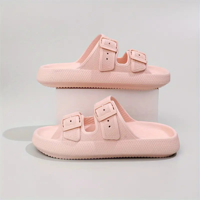 Double Buckle Strap And Open Toe Slippers Shoes