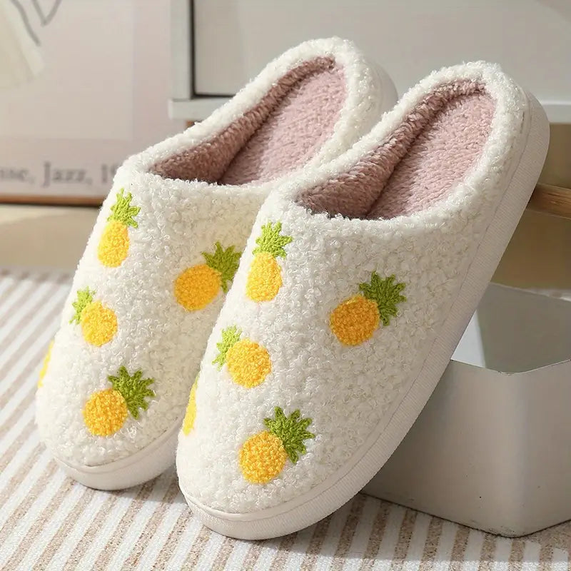 Fruit Print Closed Toe Plush Warm Home Slippers Shoes