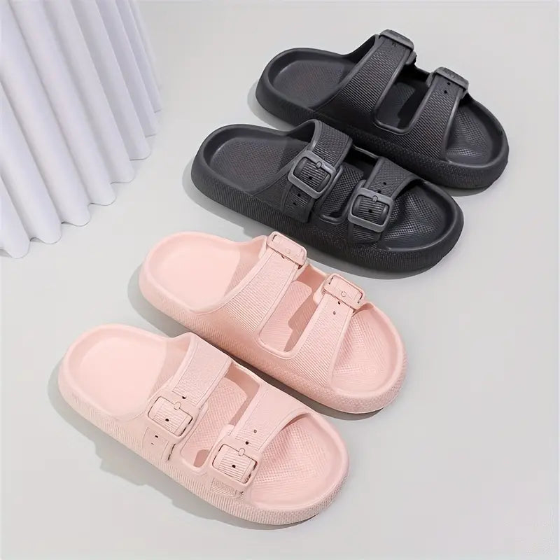 Double Buckle Strap And Open Toe Slippers Shoes