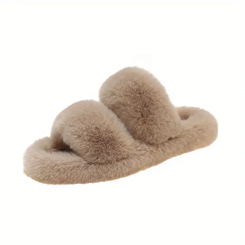 Fluffy Furry Solid Color Two Bands Open Toe Slippers