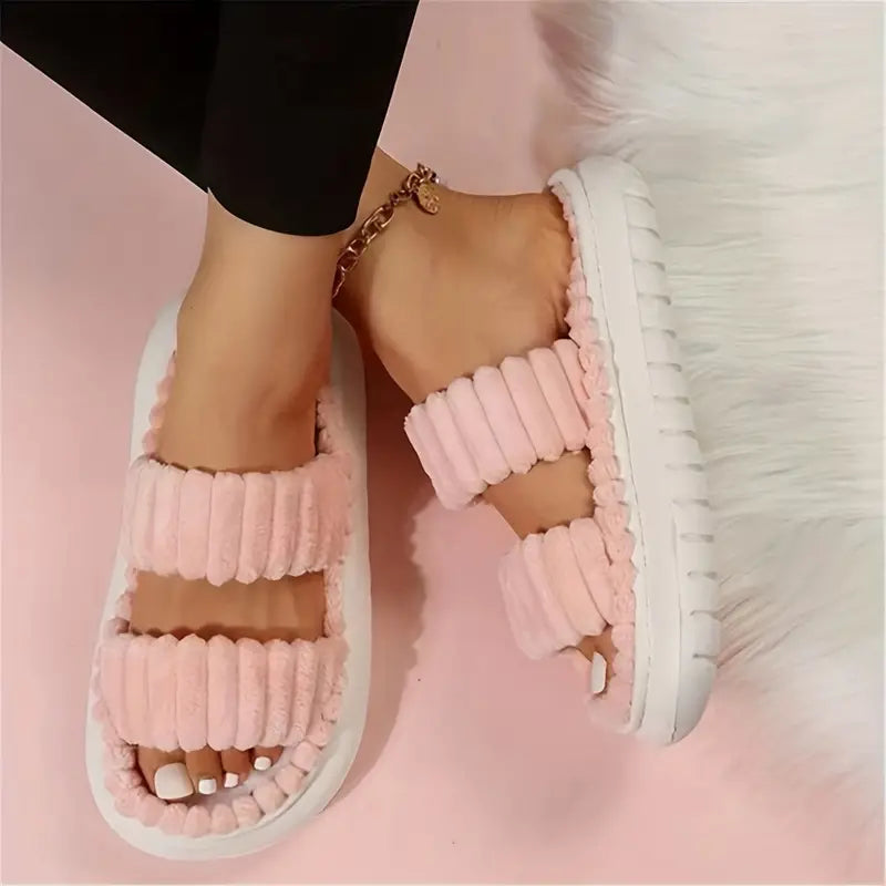 Stylish Double Straps Plush Slippers Open Toe Slides Shoes