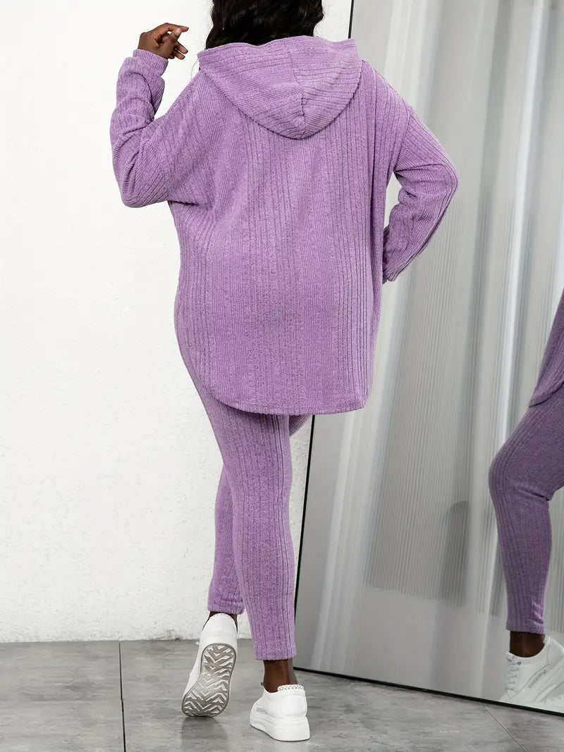 Plus Size Long Sleeve Hooded Top And Leggings Two Pieces Set