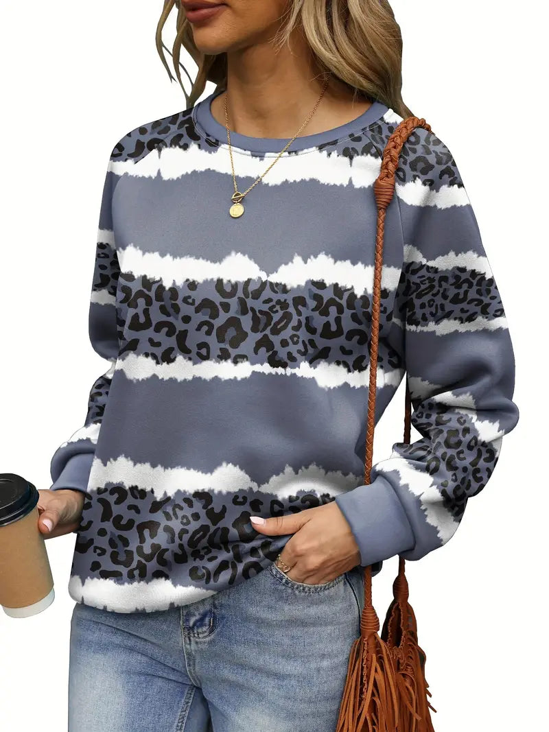 Plus Size Leopard Print Long Sleeve Round Neck Sweatshirt