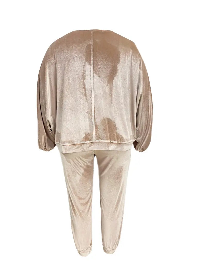 Plus Size Long Sleeve Round Neck Velvet Coat and Pocketed Pants Outfits Set