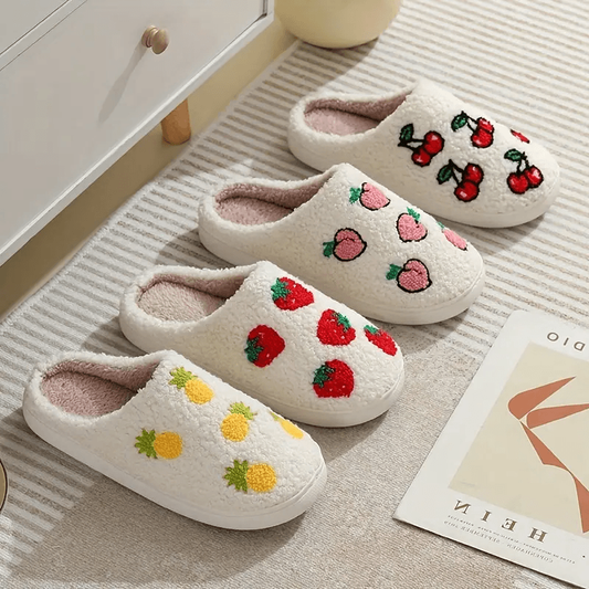 Fruit Print Closed Toe Plush Warm Home Slippers Shoes