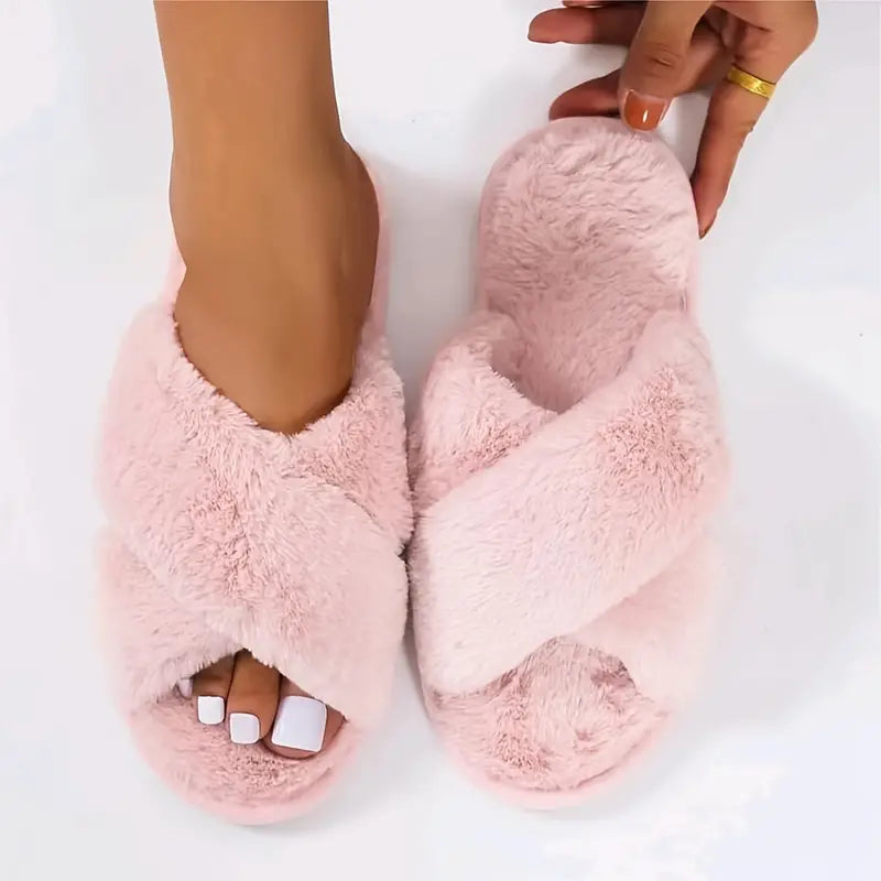 Criss Cross Fluffy Flat Open Toe Home Slides
